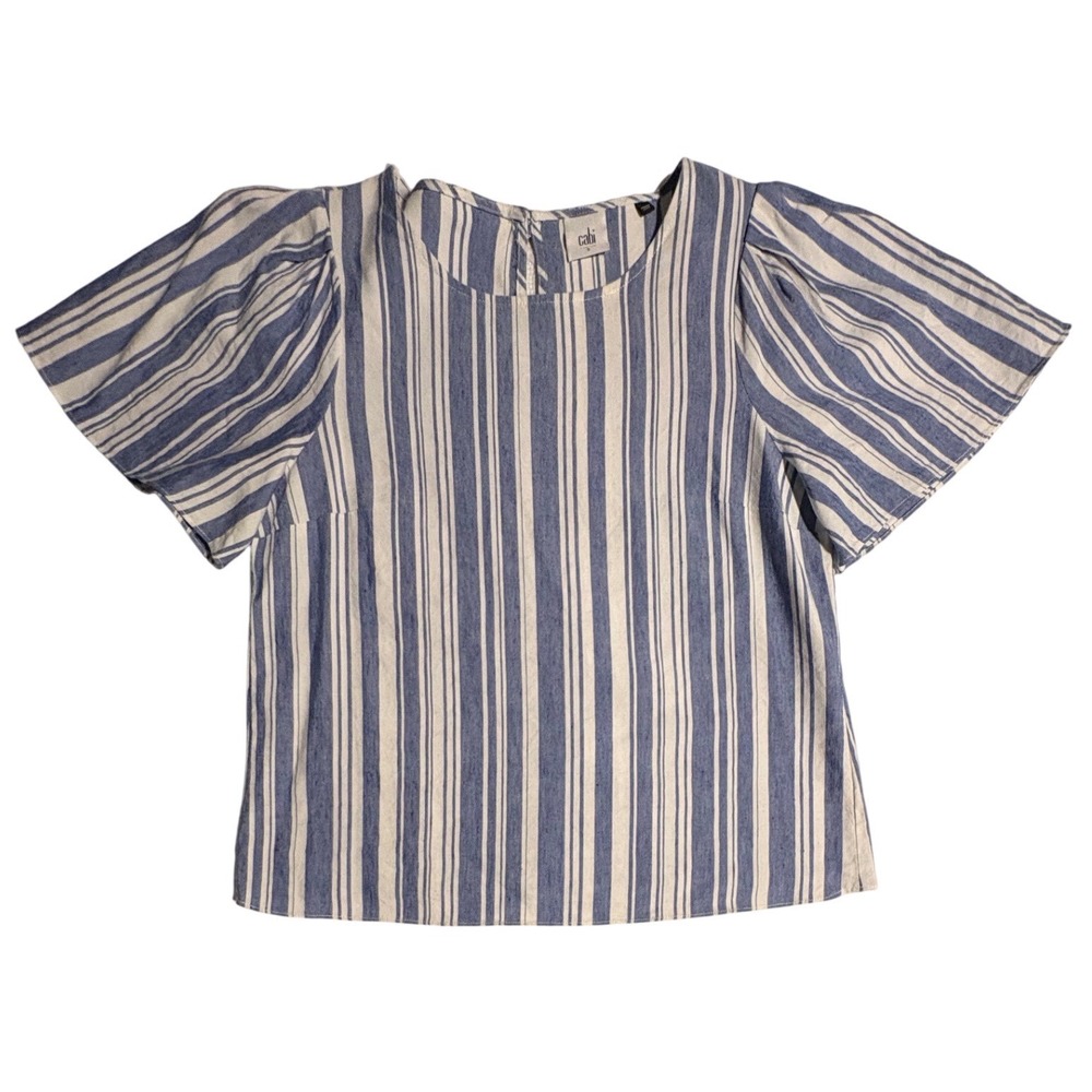 Cabi Blue White Striped Linen Blend Puff Sleeve Top Blouse‎ Everyday Women Small